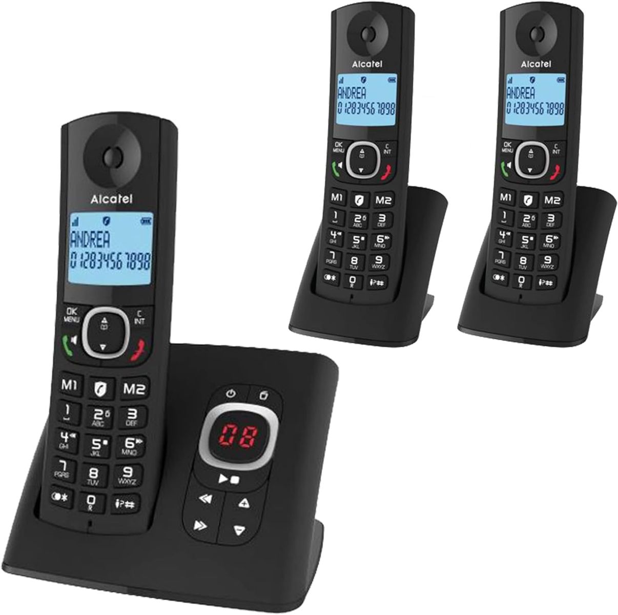 Alcatel F530 Voice Trio, Schnurlostelefon Mit Anrufbeantworter und 3 Mobilteilen, Anrufsperre und Freisprechfunktion Schwarz