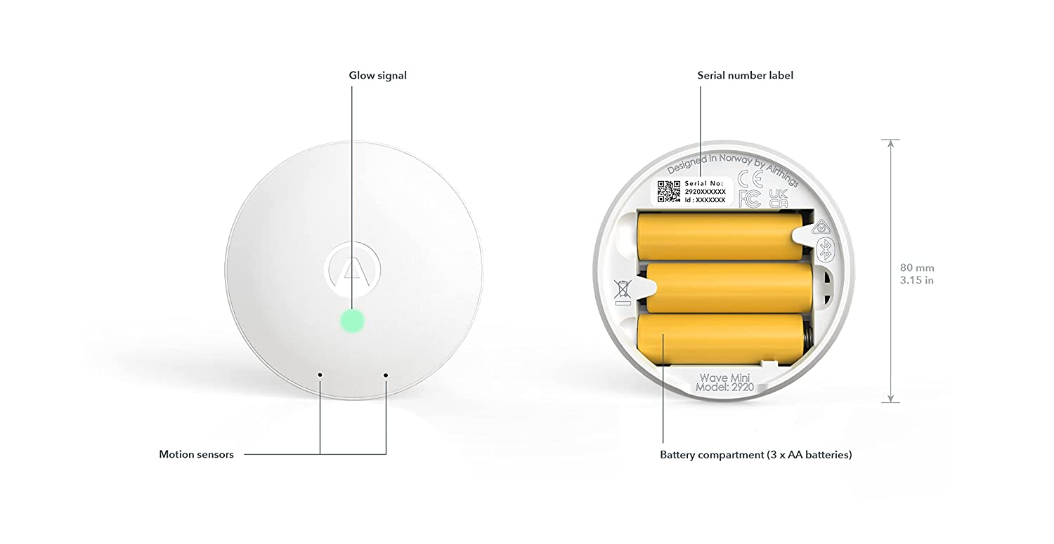 Airthings 292 Wave Mini – Raumluftqualitätsmonitor mit Überwachung von flüchtigen organischen Verbindungen (VOC), Feuchtigkeit und Temperatur, kabellos