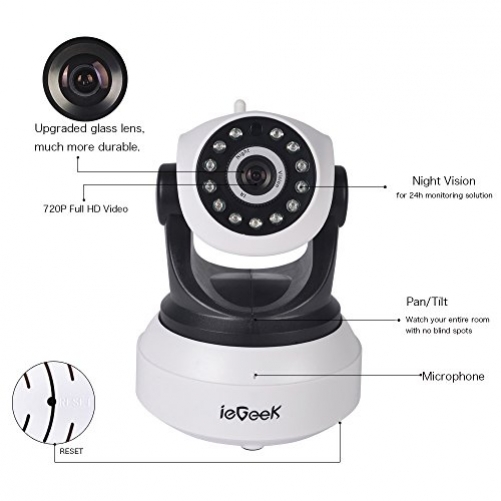 [Updated Version] IP Camera, ieGeek 720P HD WiFi IP Cam Surveillance Security System Video Recording Sonic Recognition P2P Pan Tilt Remote Motion Detect Alert With Two-Way Audio Support 64GB Micro SD