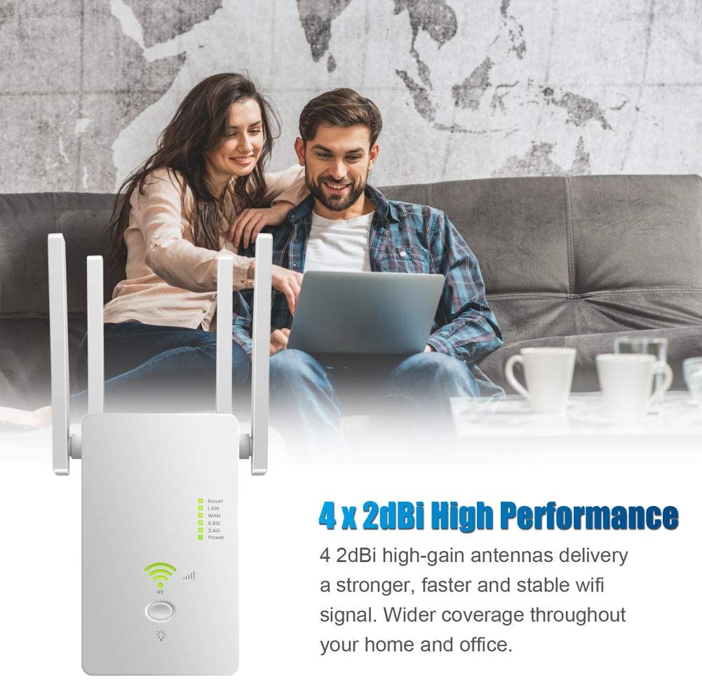 DCUKPST WLAN Repeater 1200 Mbit/s Dual Band Wi-Fi Range Extender 2 Ethernet Port