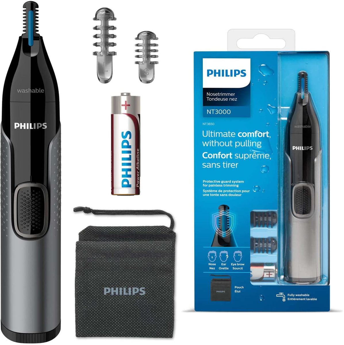 Philips Nose and Ear Hair Trimmer Series 3000 for safe trimming of nose and ear hair and eyebrows without plucking NT3650/16