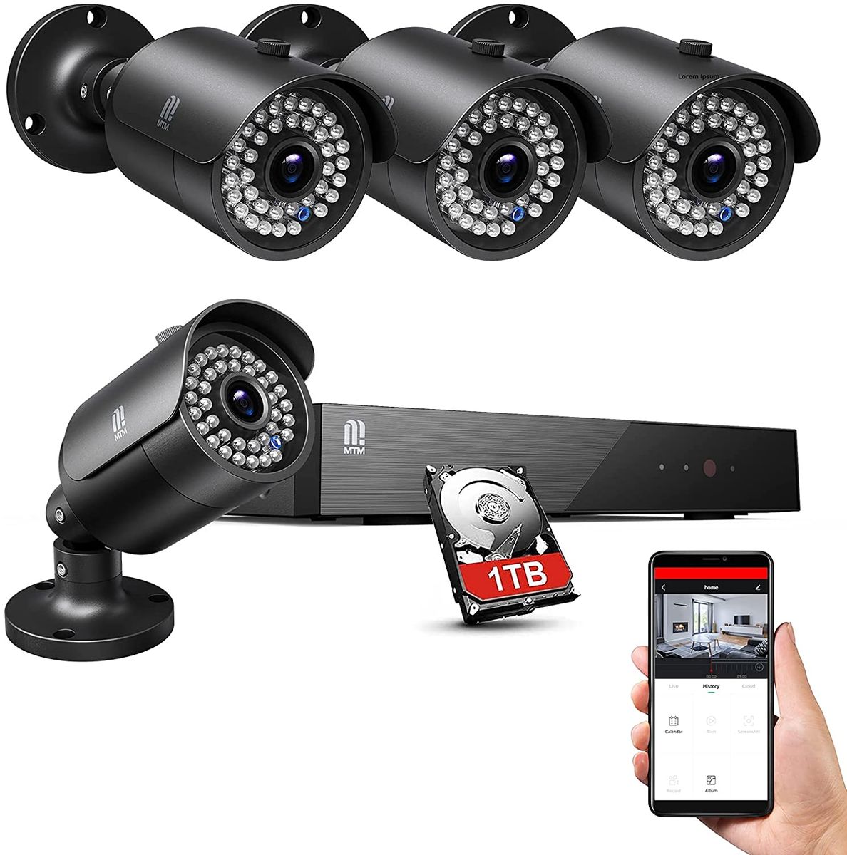 ‎MTM 5 MP surveillance camera set, HD, outdoor, 8 channels, DVR with 4 surveillance cameras with 1 TB hard disk, infrared night vision, 30 m, motion alarm