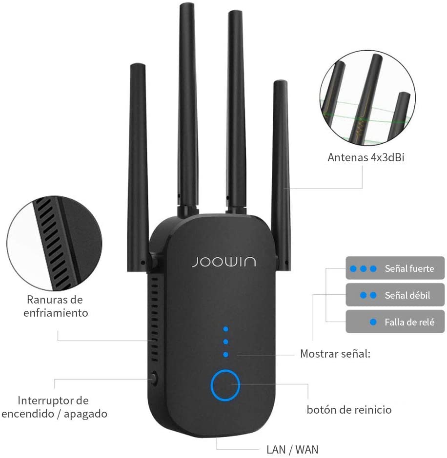 JOOWIN Wi-Fi Repeater 1200 Mbps Amplifier Signal Wi-Fi Band Dual 2.4 GHz 5 GHz Network Extender Wireless Router Access Point 3 modes 4 antennas LAN/WAN WPS