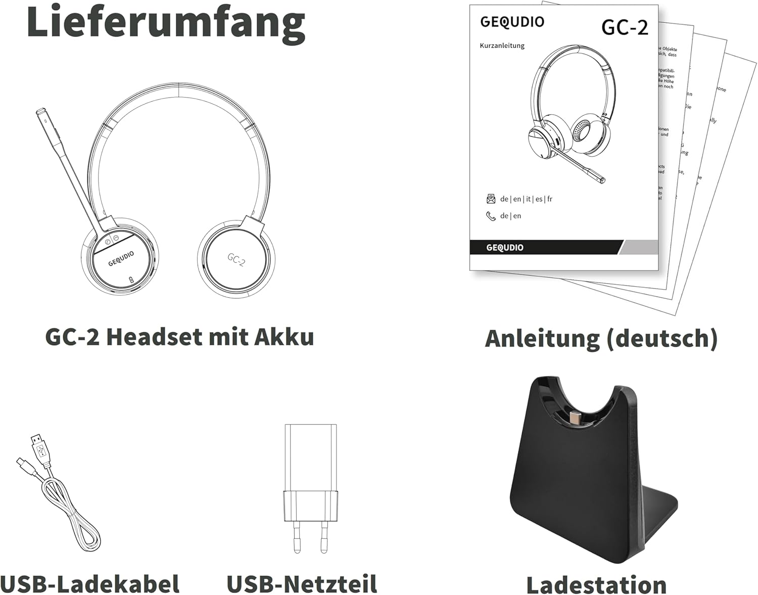 GEQUDIO GC-2 DECT Headset mit Ladestation für FritzBox - Aktive Geräuschunterdrückung - Schnurloses Telefonieren am FritzFon - Dual Headset mit Bluetooth - GC-2 (2-Ohr) & Ladestation