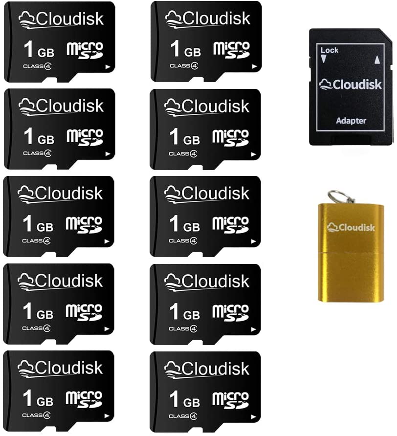 Cloudisk Store Pack of 10 1GB Micro SD Card with 1 x MicroSD Adapter and 1 x USB Card Reader for the organisation of media storage of computer cameras