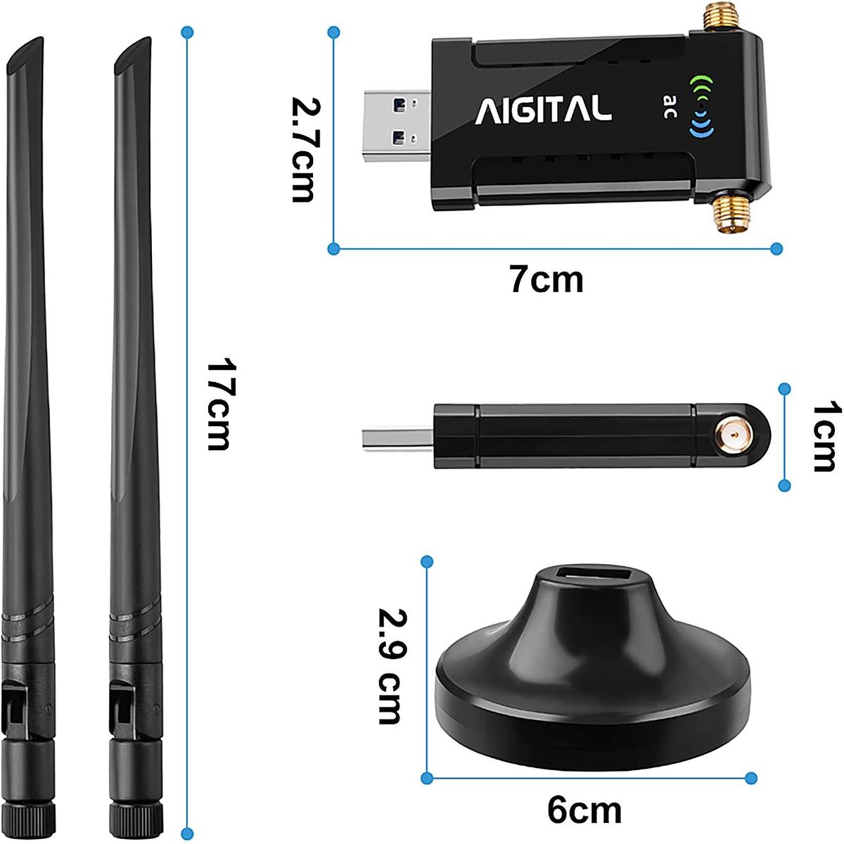Aigital WLAN Adapter 1200Mbit/s, WLAN USB Stick DualBand 867Mbit/s (5GHz), 433Mbit/s (2,4GHz) WLAN Empfänger mit 2*5dBi Antenne und USB 3.0-Dockingstation mit 65cm kable für PC Desktop Laptop Windows/Mac OS