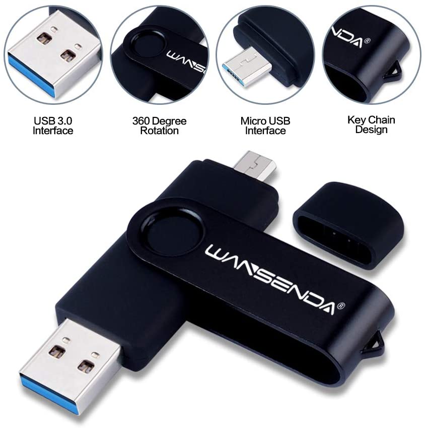 Wansenda USB 3 0 Memory Stick 2 in 1 OTG External Storage for Android Devices / PC / Tablet / Mac, Black 128gb