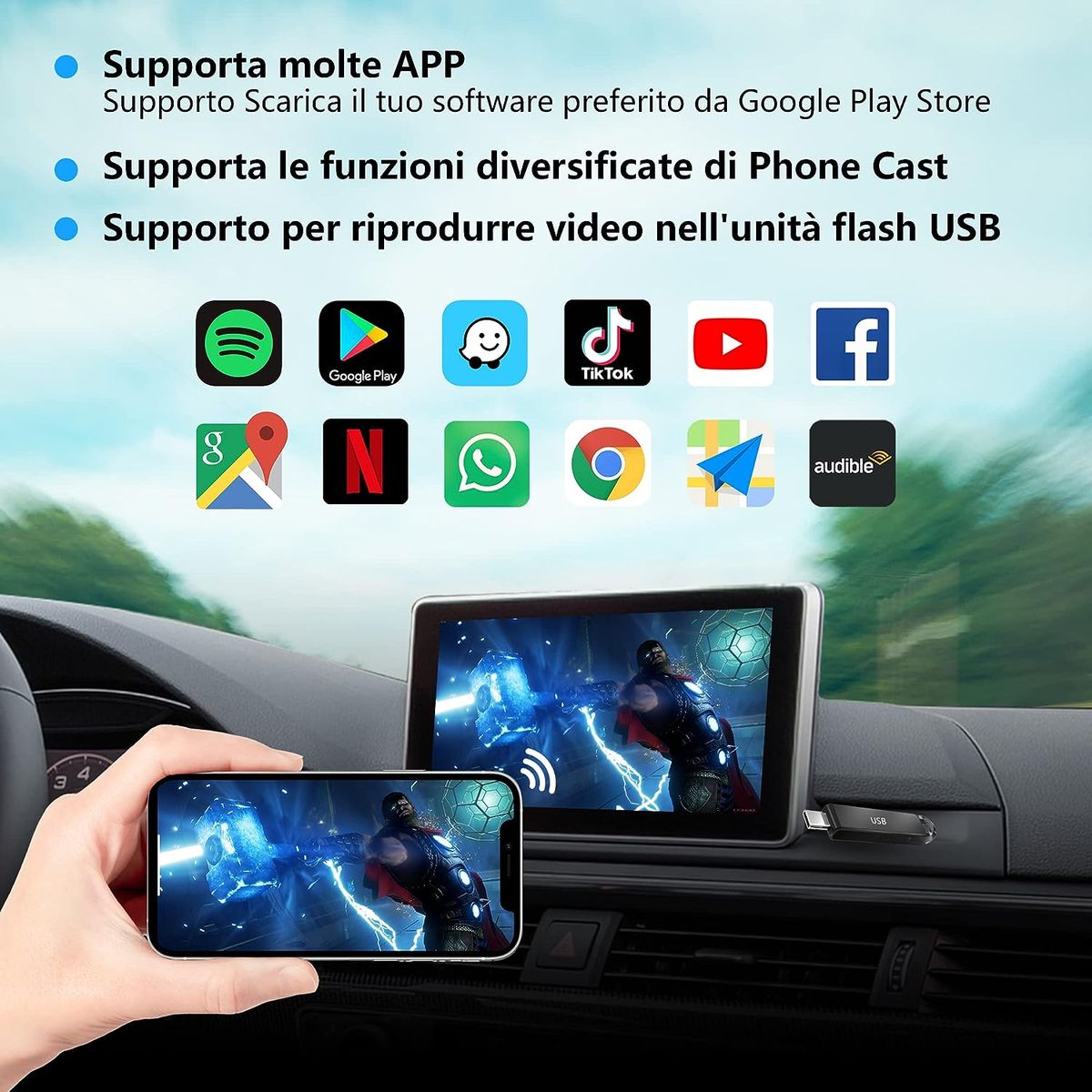 OTTOCAST CarPlay AI Box Wireless Adapter Plug & Play, Adapter unterstützt Viele Google Play Apps, OTTOCAST Android 9.0 System, Unterstützt Auch Split Screen Mirroring (Modelljahr: 2016-2021)