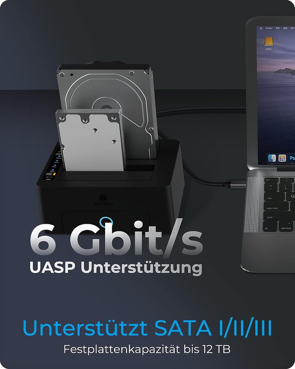 ICY BOX Dual HDD / Festplatten Docking Station USB 3.0 für SATA 2,5 Zoll & 3,5 Zoll, Festplatten Klonstation & Lesegerät, Adapter, Extern, Schwarz, IB-1232CL-U3