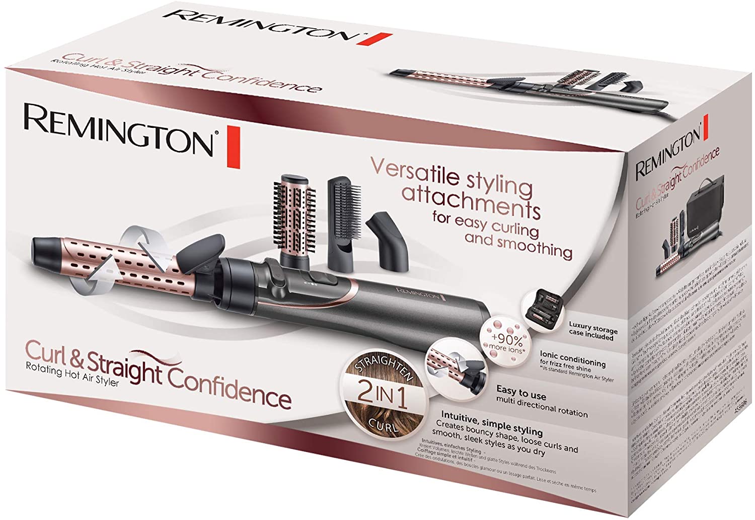 Remington hot air brush rotating automatic Curl & Straight 3-in-1 ion styler: volume curls & smooth styles 4 attachments