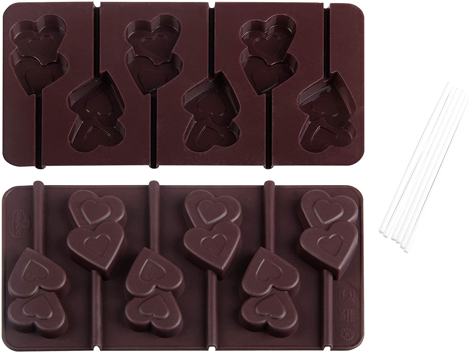 Dr. Oetker silicone chocolate mold Lollipop Hearts set of 2 incl. 12 sticks, (color: brown) - dishwasher safe, quantity: 1 x set of 2