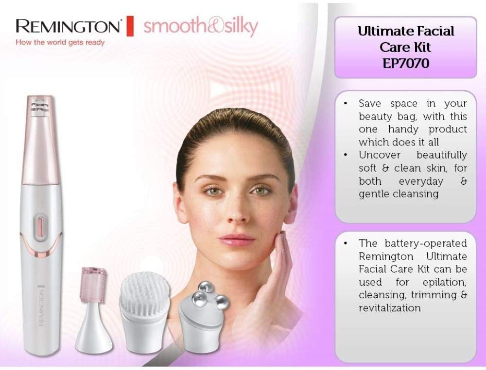 Remington facial care kit smooth&silky EP7070, facial epilator, facial cleansing brush, massage roller, trimmer, battery operated, pearlized white/pink