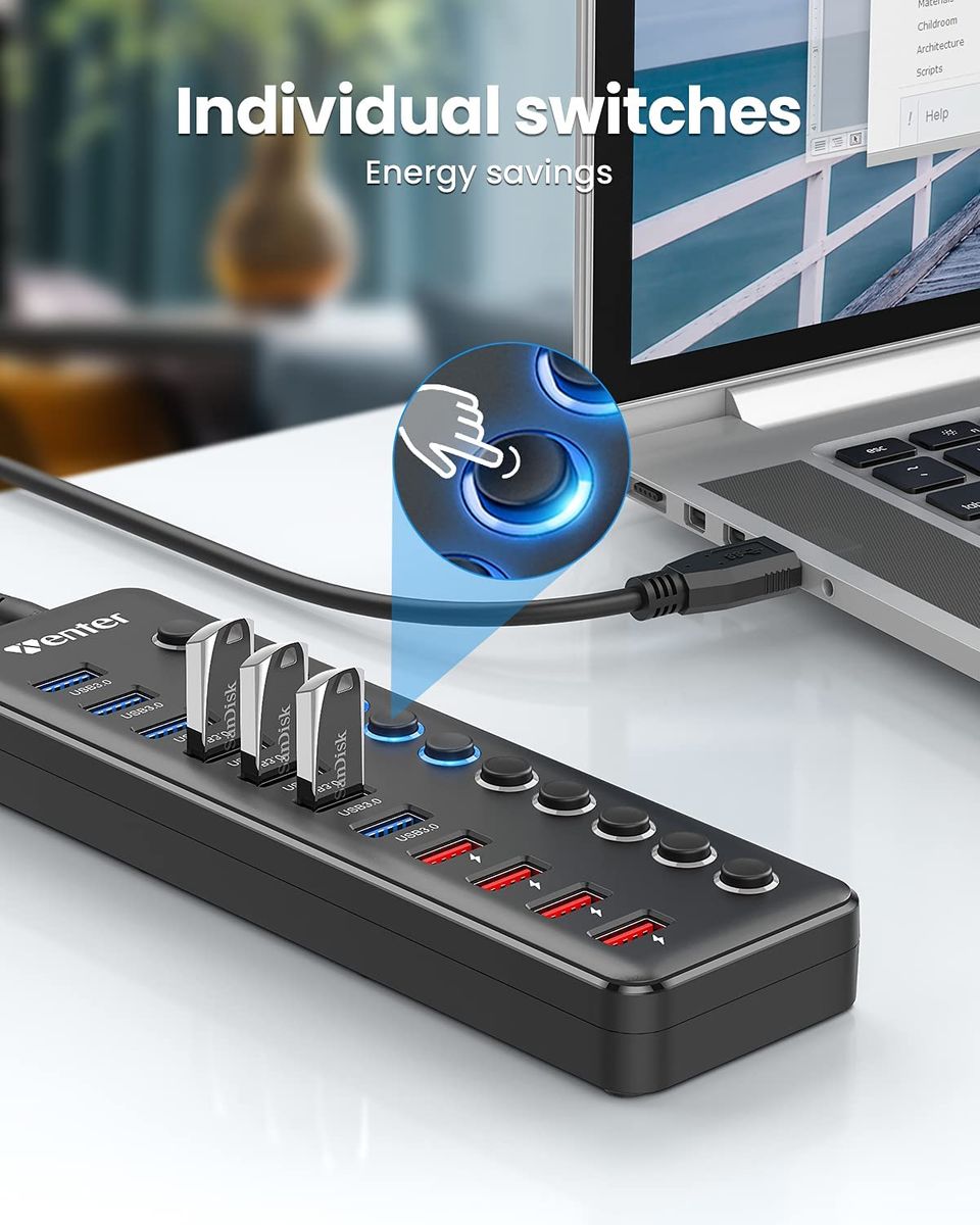 WENTER USB Hub 3.0 Aktiv 11 Ports 36W 12V 3A Netzteil USB 3.0 Mehrfach Ports Verteiler LED Einzelnen EIN/Aus-Schalter USB 3.0 Hub 7 Ports Datenübertragung 4 Ports Schnellladegerät
