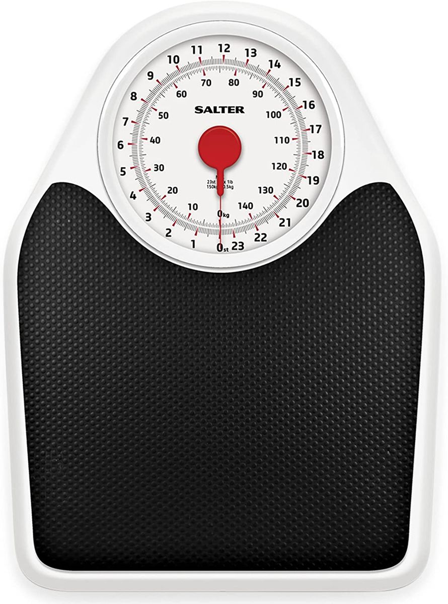 Salter Mechanical Personal Scale up to 150 Kg - Personal Scale analog with large display & scale in doctor style, Analog Bathroom Scale incl. Non-Slip + Large Surface (White/Black)