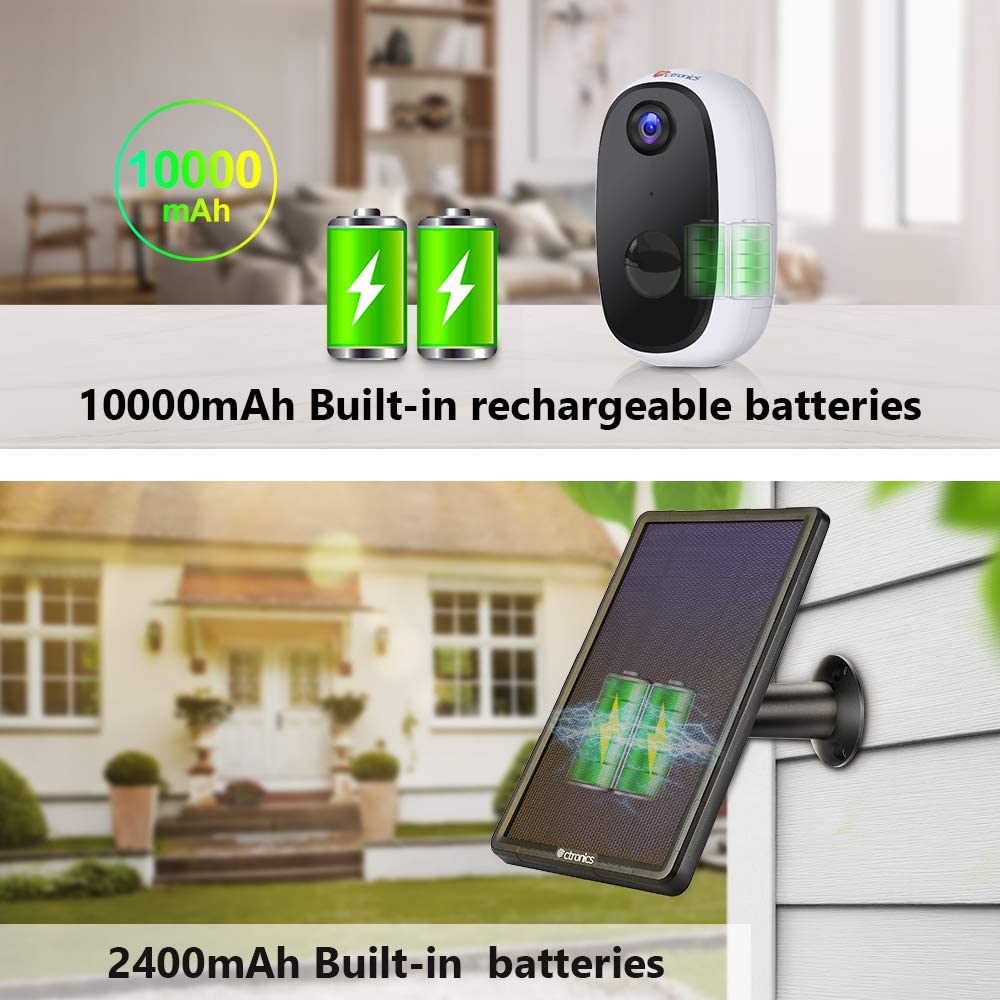 Ctronics CCTV Camera Outdoor Battery with Solar Panel, WLAN IP Camera Outdoor 10000 mAh Wireless 1080P, PIR Motion Detection, 2-Way Audio, Night Vision, Integrated SD Slot, IP66 Waterproof
