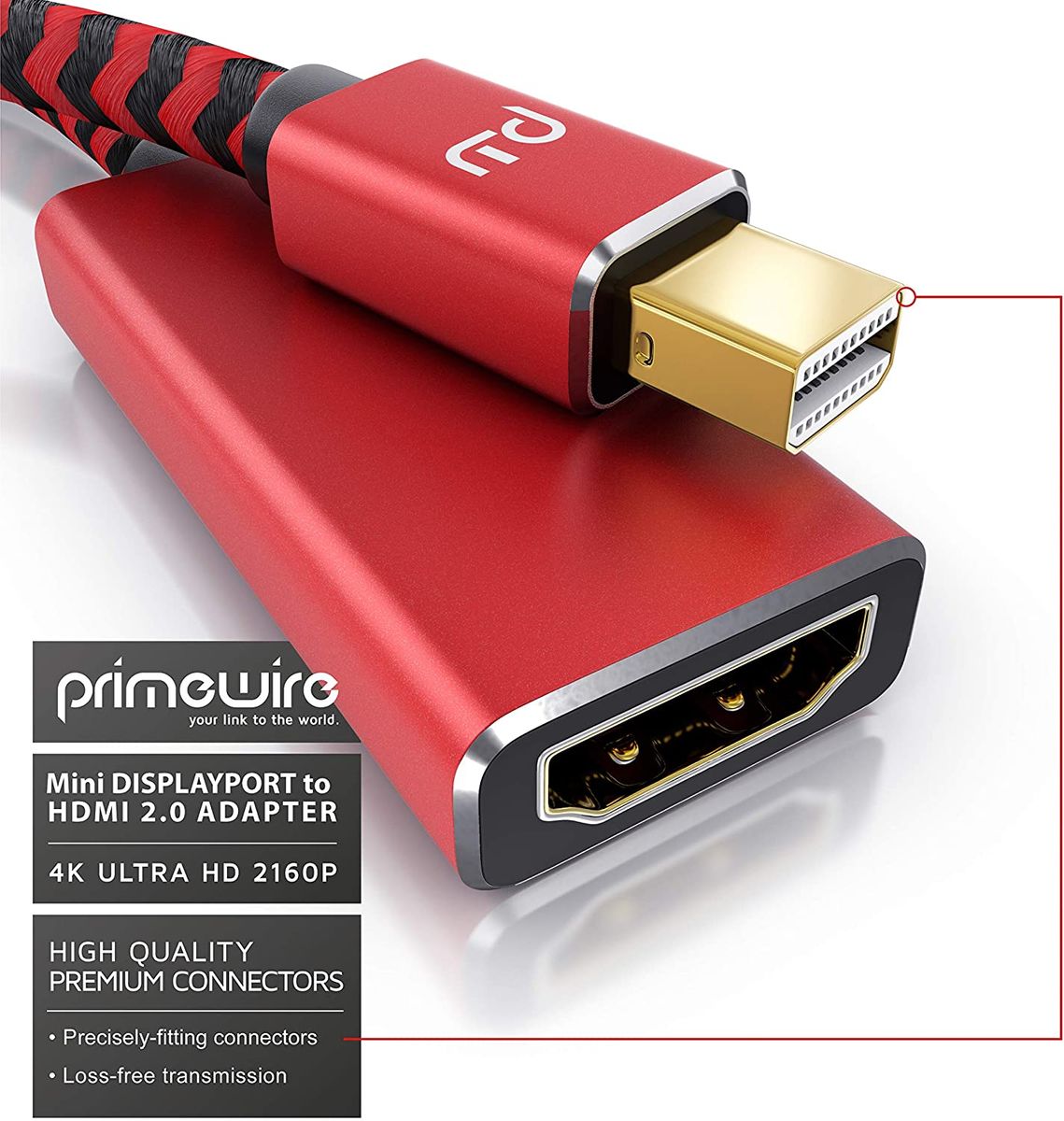 Primewire - Mini DP to HDMI 2.0 Adapter – mDP 4K – 3840 x 2160 @ 60 Hz - Thunderbolt 1 and 2 - gold-plated contacts – Audio and Video transmission – Connection from laptop to tv - red