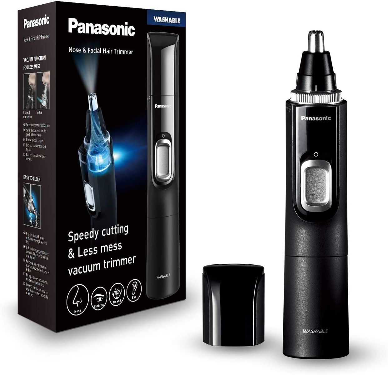 Panasonic ER-GN300 nose hair trimmer, flexible use for nose hair, ear hair & eyebrows, suction function.