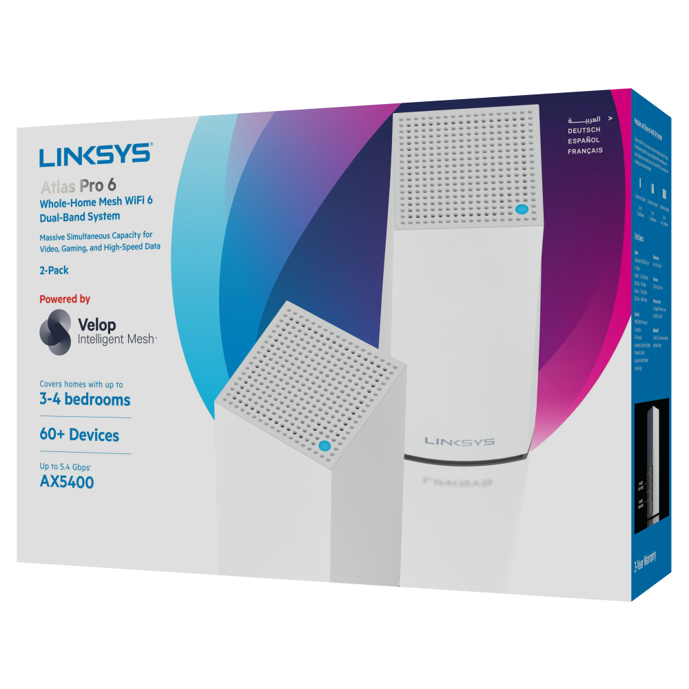 Linksys Atlas Pro 6 Velop Dual-Band-Mesh-WiFi 6-System (AX5400) WLAN-Router, Repeater, Extender mit bis zu 500 m² Funkabdeckung, 4-mal schneller, für mehr als 60 Geräte – 2er-Pack, Weiß AX5400 | Dual-Band 2 Pack | 2-3 Bedrooms Linksys Atlas Pro 6 Velop Dual-Band-Mesh-WiFi 6-System (AX5400) WLAN-Router, Repeater, Extender mit bis zu 500 m² Funkabdeckung, 4-mal schneller, für mehr als 60 Geräte – 2er-Pack, Weiß AX5400 | Dual-Band 2 Pack | 2-3 Bedrooms