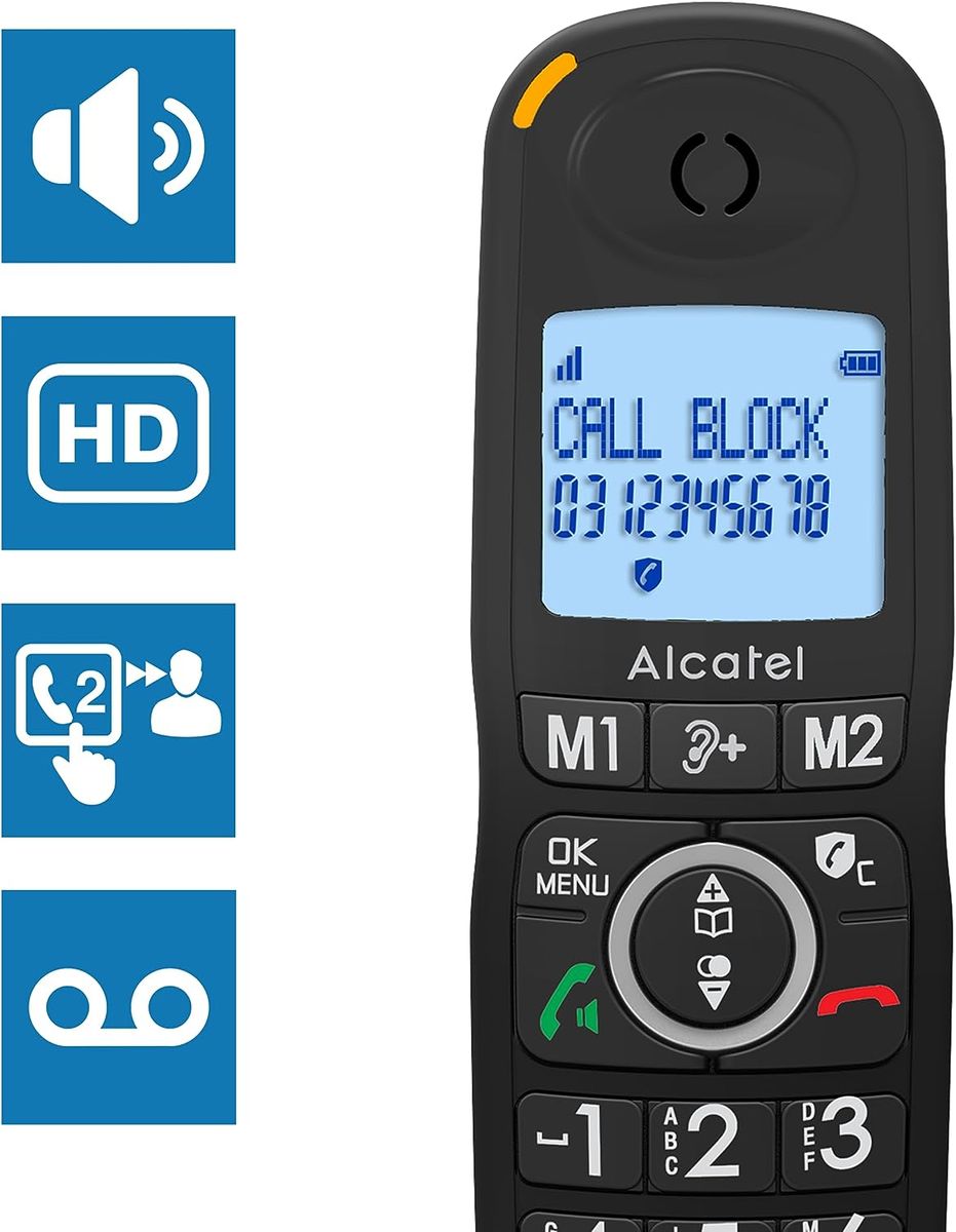 Alcatel XL595 Voice Trio schnurloses Großtastentelefon mit DREI Mobilteilen und Anrufbeantworter extra großes Festnetztelefon für zuhause mit Anrufschutz