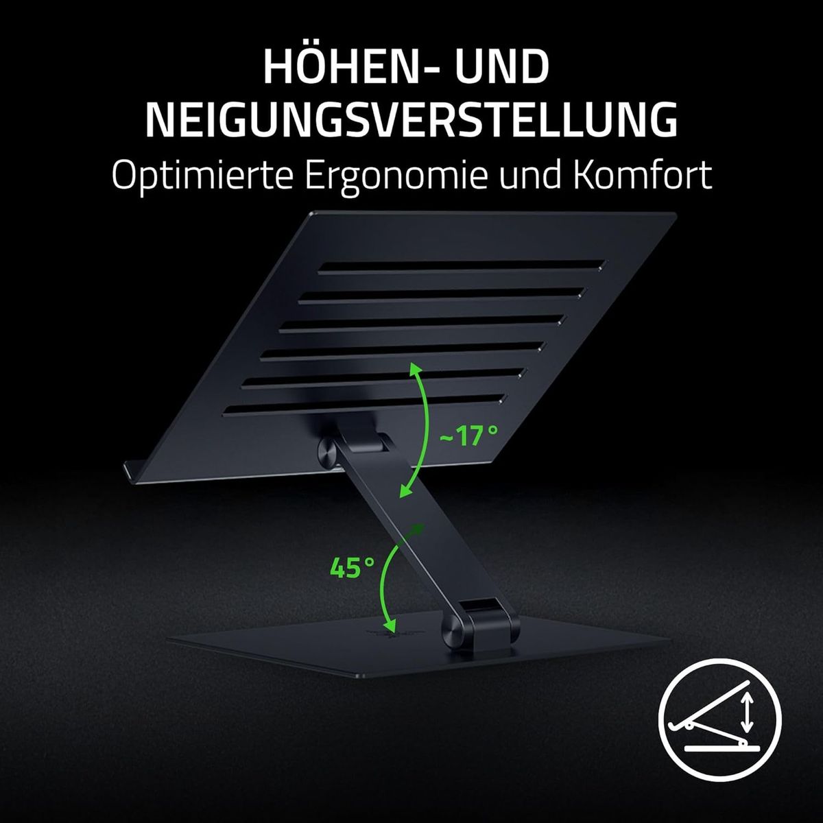 Razer Adjustable Laptop Stand - Ergonomischer höhenverstellbarer Laptop-Ständer für Laptops bis zu 18“ Zoll (höhen- und neigungsverstellbar, Robustes Aluminium, belüftetes Design) Schwarz