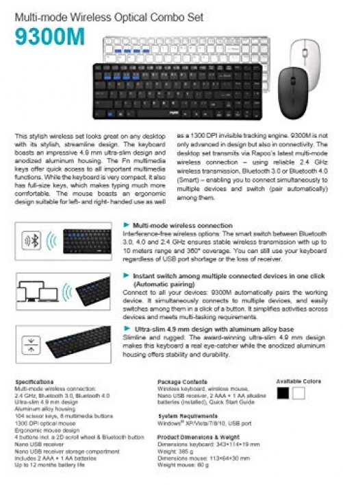 Rapoo 9300M kabelloses Multi-Mode Deskset Tastatur & Maus weiß DE-Layout