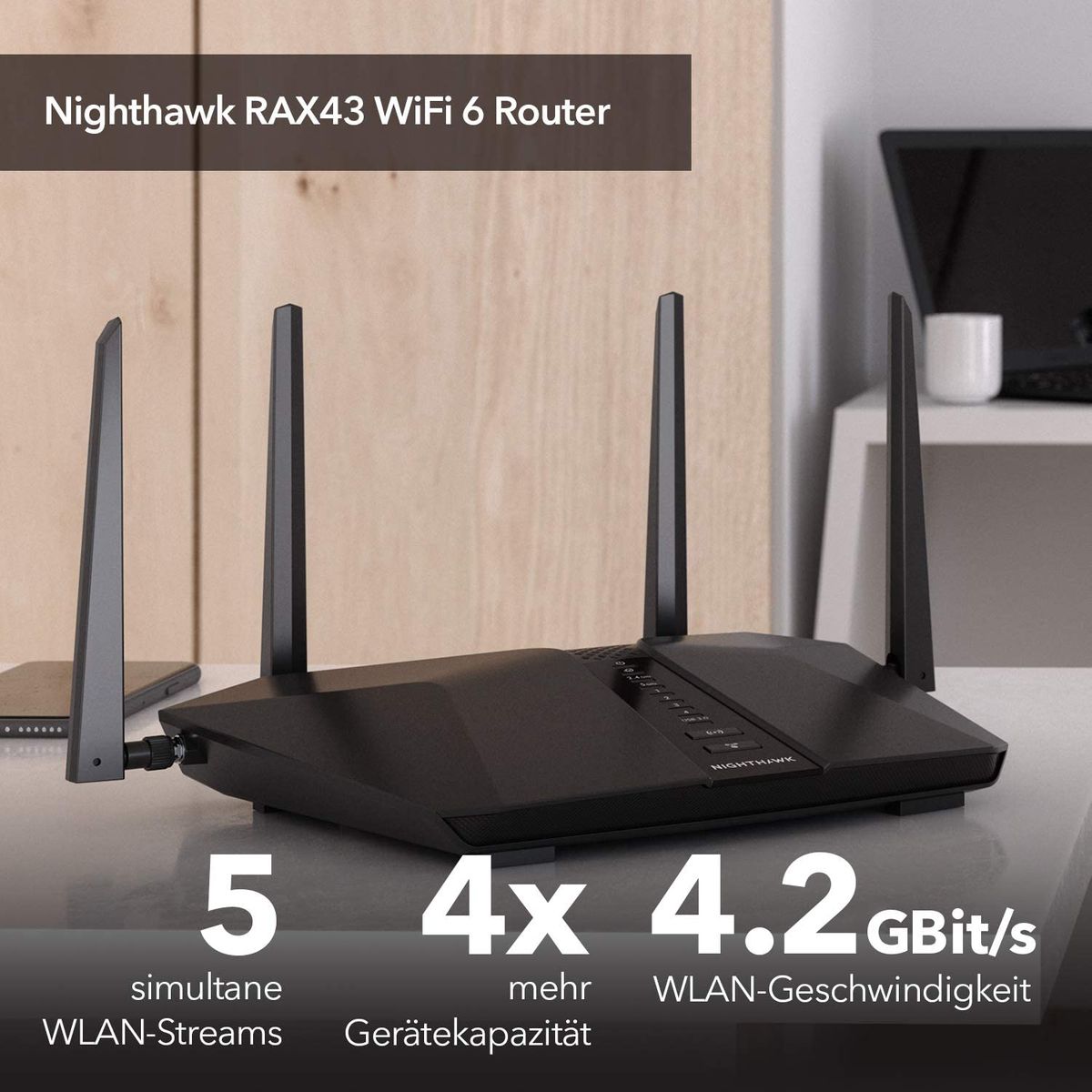 NETGEAR RAX43 Nighthawk Wi-Fi 6 Router AX4200 5 Streams bis zu 4,2 GBit/s 175 m²