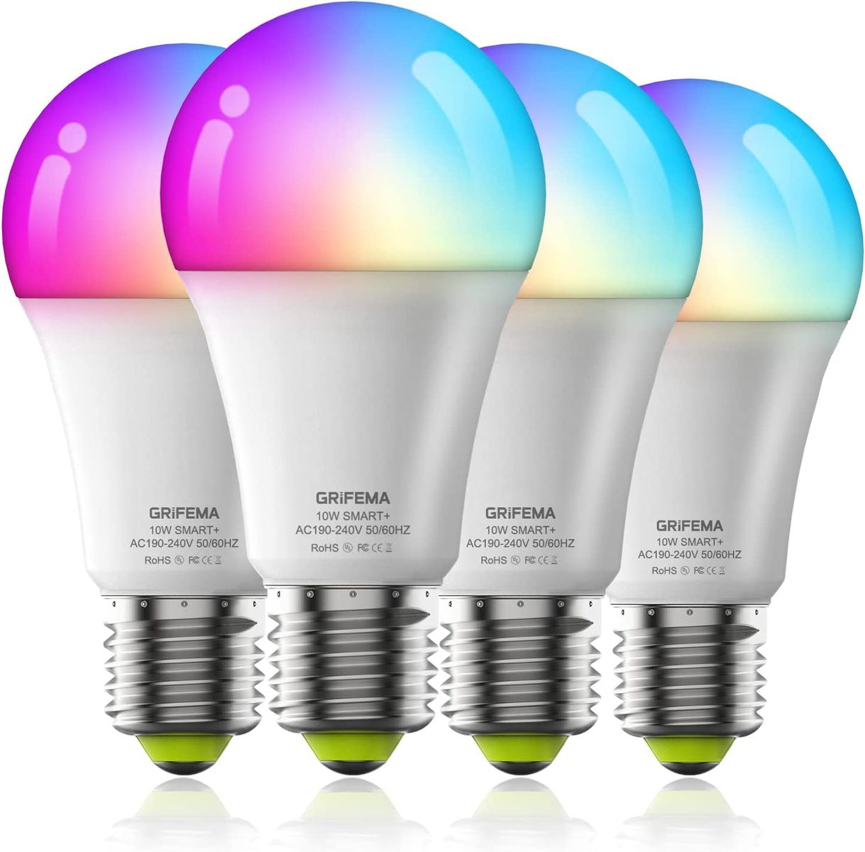 GRIFEMA Alexa Smart WLAN Bluetooth Glühbirnen E27, RGB Mehrfarbrige Dimmbare LED Birne Lampe, Warmweiß-Kaltweiß, App Steuern Kompatibel mit Alexa Echo, Google Home, kein Hub benötigt, 4 Stück E27-4 PACK