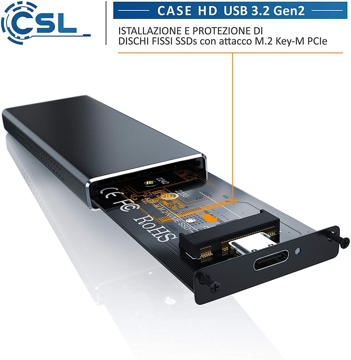 CSL - Case USB 3.2 Gen2 M.2 Key-M PCIe Extern - 10 Gbit s - Alluminio - per NVME M.2 SSDs - Supporta UASP - Plug e Play - Hot-Plug - Cavo Tipo C - Tipo A