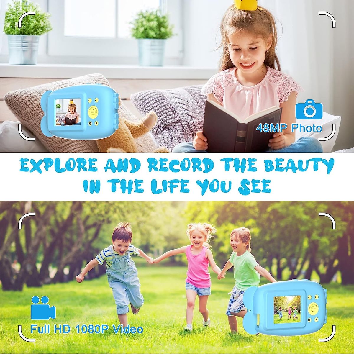 DioKiw 48MP Kinder Kamera, Mini Digitale wasserdichte Kinderkamera 1080P FHD Video Spielzeugkamera mit 2,0 IPS Bildschirm, 16GB SD-Karte, Silikonhülle, Geschenke für Jungen Mädchen im Alter von 3-12