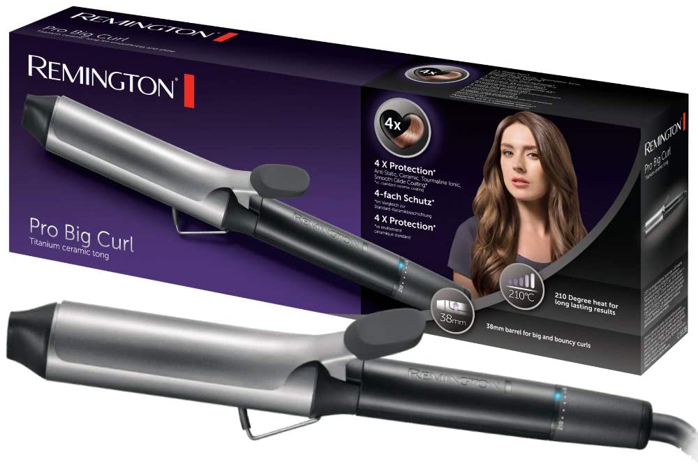 Remington curling iron Pro Big Curl CI5538, 38mm for big curls, 4-fold protection, antistatic ceramic tourmaline coating, 8 temperature settings, 30 seconds heat-up time, silver/grey 38 mm curling iron