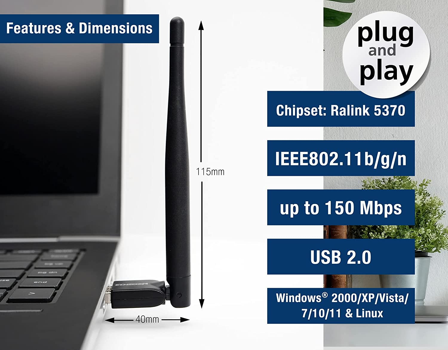 EDISION USB WLAN ANTENNE WiFi EDI-Mega 150 Mbps, Ralink 5370, ORIGINAL, UNIVERSAL, Picco T265, Picco T265+, Nano T265+, Picco T265 pro, PING T2/C, Proton S2, Windows2000/XP/Vista/7/10/11