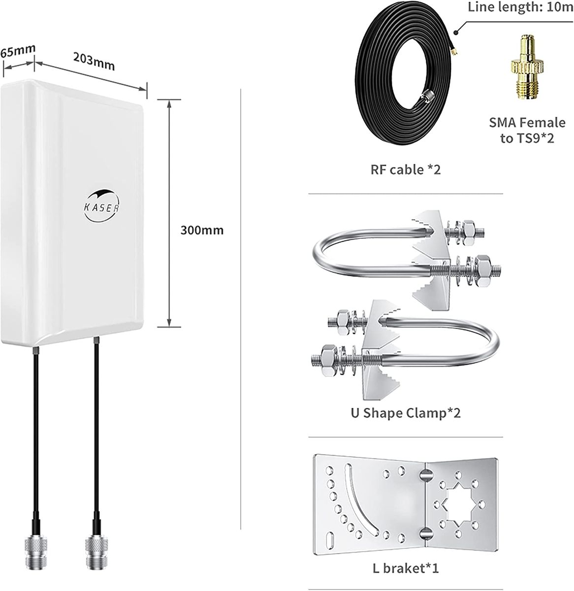 KASER 4G LTE 5G Antenne Outdoor Mimo Richtantenne 698-2700 | 3300-3800 MHz Bis zu 12dBi Verstärkung kompatibel 5g 4g Router N-SMA Ausgang mit TS9 adapter Inklusive Verlustarme Kabel 10 Meter -Model V3