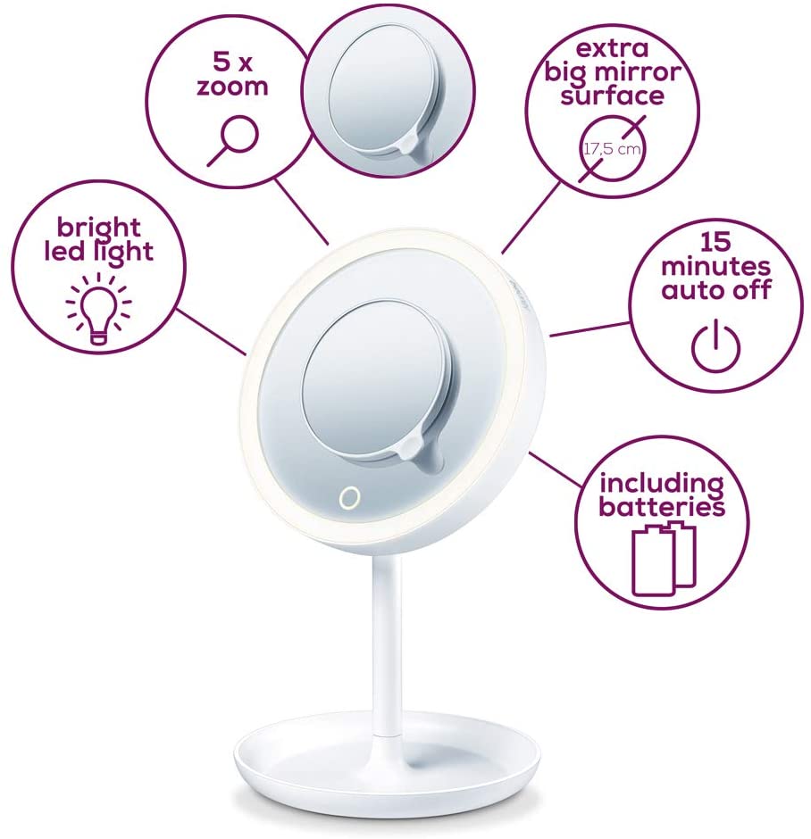 Beurer BS 45 Illuminated cosmetic mirror with LED light, touch sensor button, magnetic extra mirror with 5x magnification, dimming function.