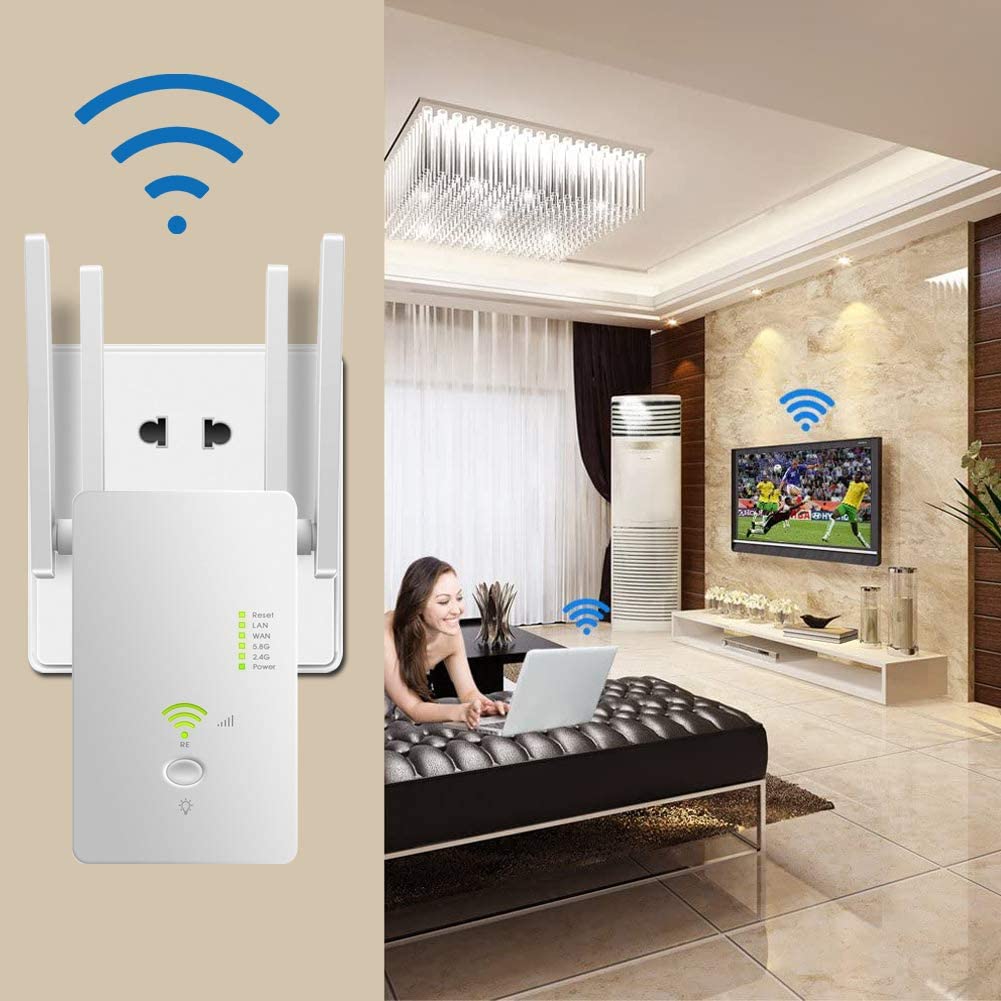 DCUKPST WLAN Repeater 1200 Mbit/s Dual Band Wi-Fi Range Extender 2 Ethernet Port