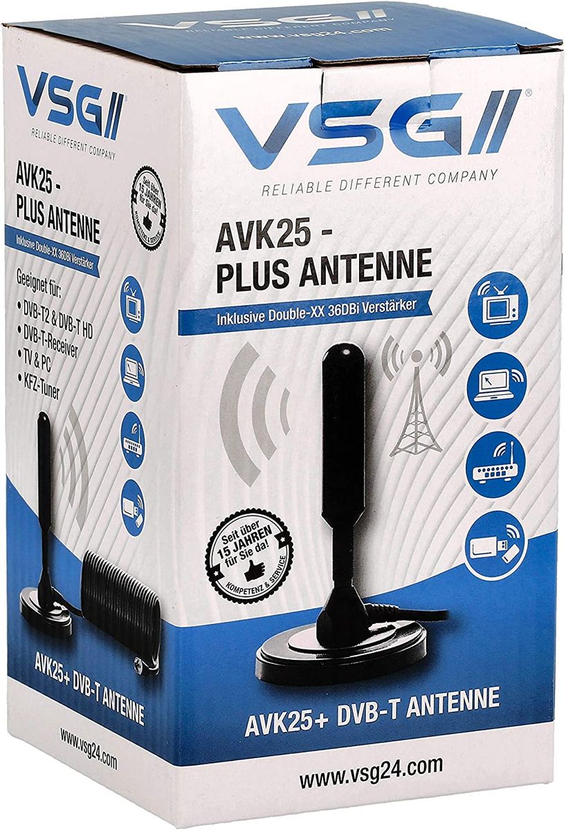 VSG DVBT2 Antenne - HDTV Zimmerantenne für Fernseher, max. Signalqualität durch ALU-Kern, 5m Kabel DVB-T2 Antenne Fernseher freenet tv innen außen AVK25 Plus Schwarz
