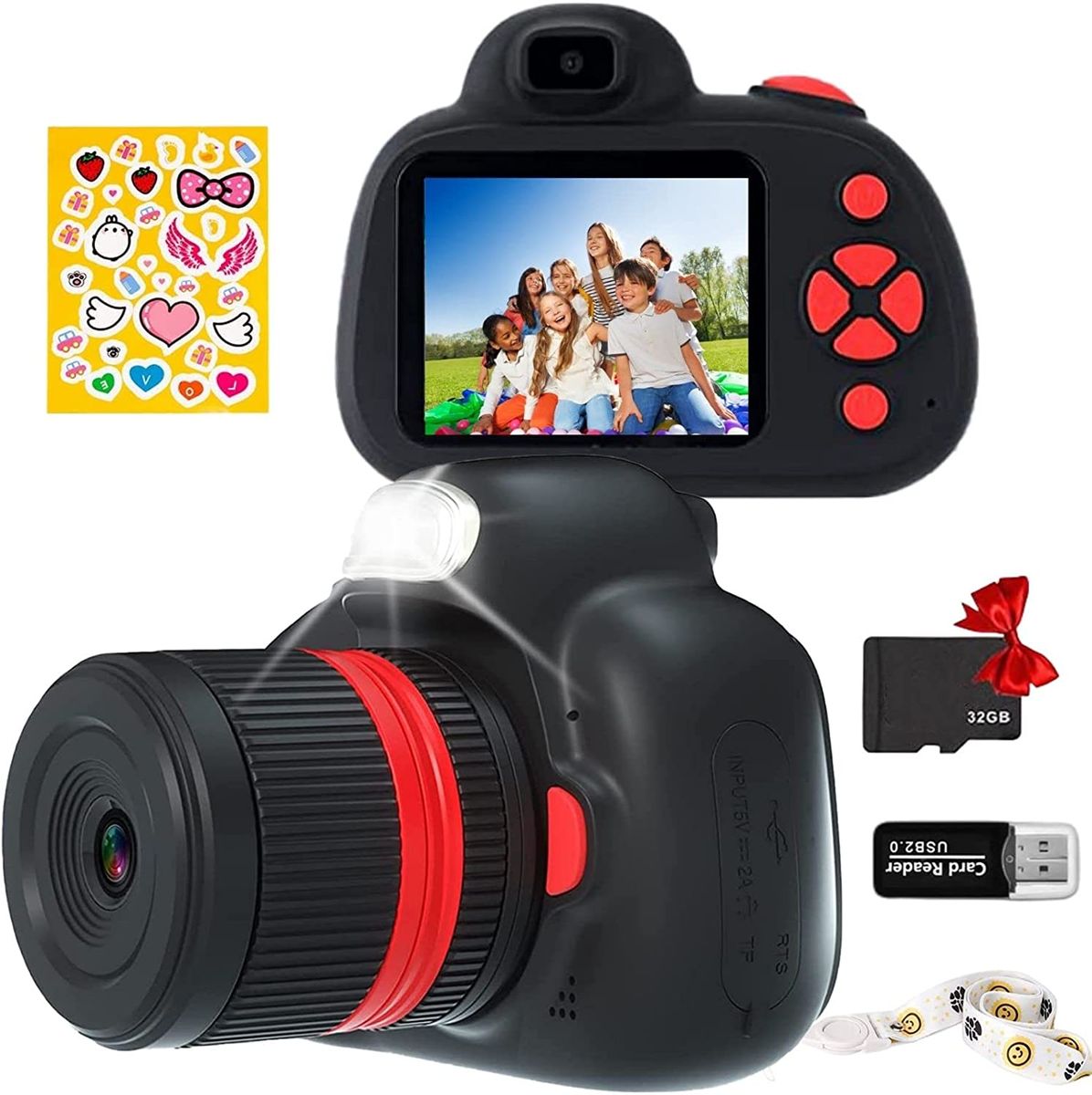 SLR Kinderkamera 1080P HD 28 MP Selfie Kinder Kamera Digital mit Doppelobjektiv, Blitz, AF, MF, 20X Zoom, 1200mAh Akku, 2,4” IPS, 32G Karte inklusive Geburtstagsgeschenk für Jungen Mädchen - Schwarz SLR Black