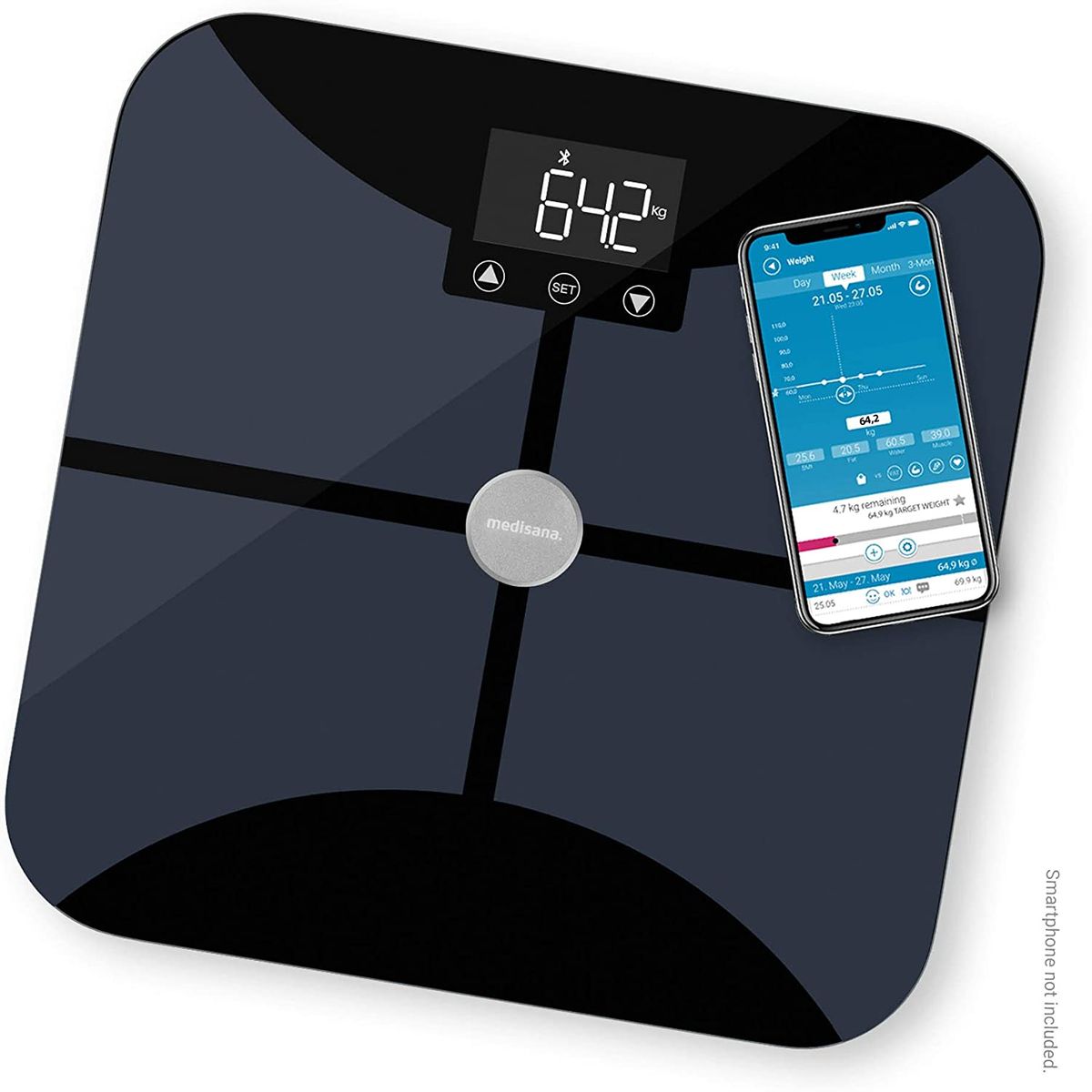 Medisana BS 652 body analysis scale up to 180 kg with W-LAN or Bluetooth, personal scale for measuring body fat, body water, muscle mass and bone weight with VitaDock+ body analysis app, 40502 ITO electrodes