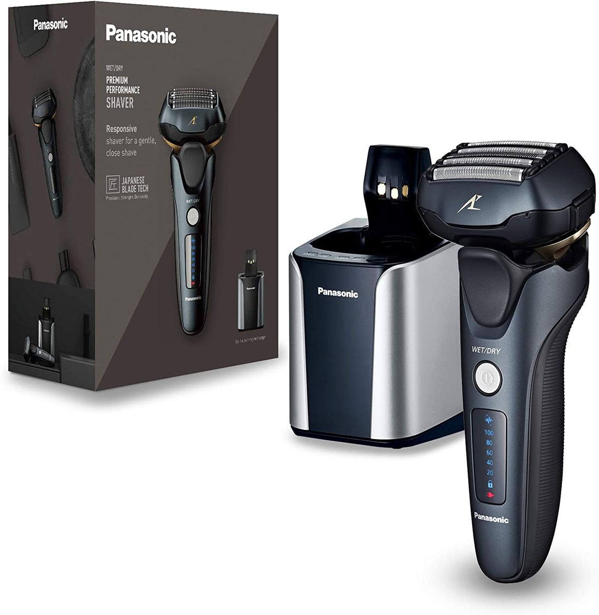 Panasonic ES-LV97-K803 wet/dry shaver, 5-position shaving head with linear motor, includes cleaning and charging station, black
