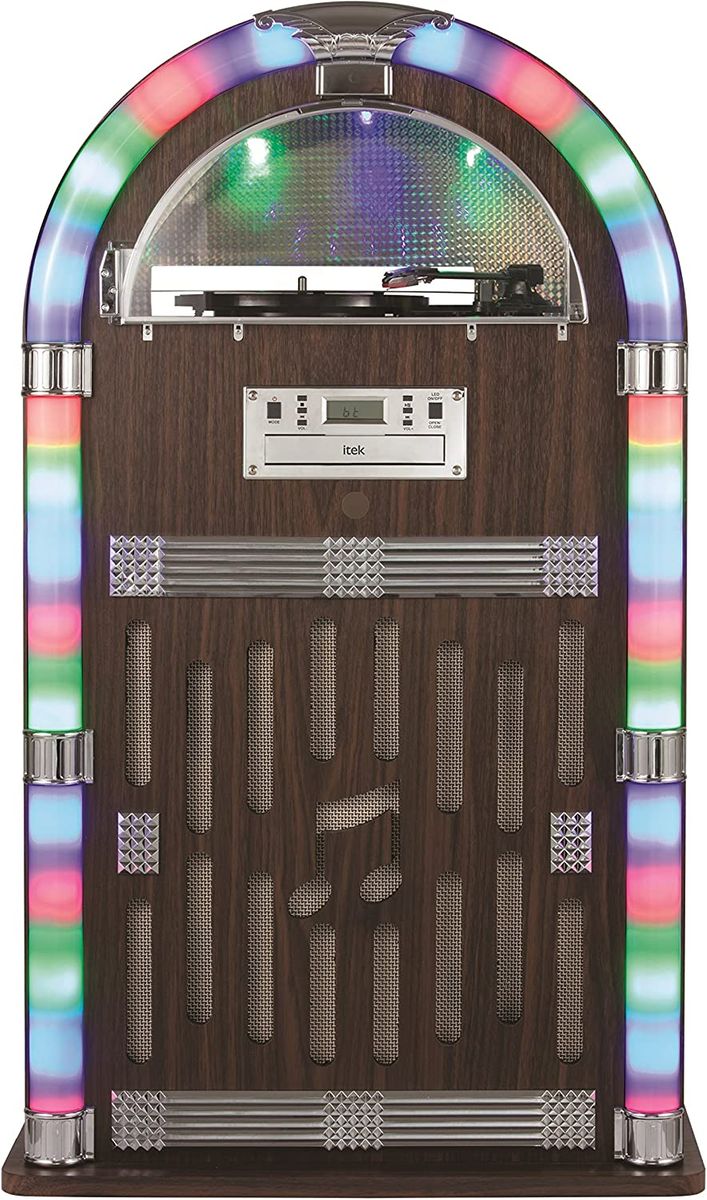 iTek I60021 Floorstanding Jukebox with Record Player, Bluetooth Connectivity, FM Radio, CD Player and Colour-Changing LED Lights, Remote Control Included, Wood Finish, BROWN, 87.5 cm*34.5 cm*34.5 cm