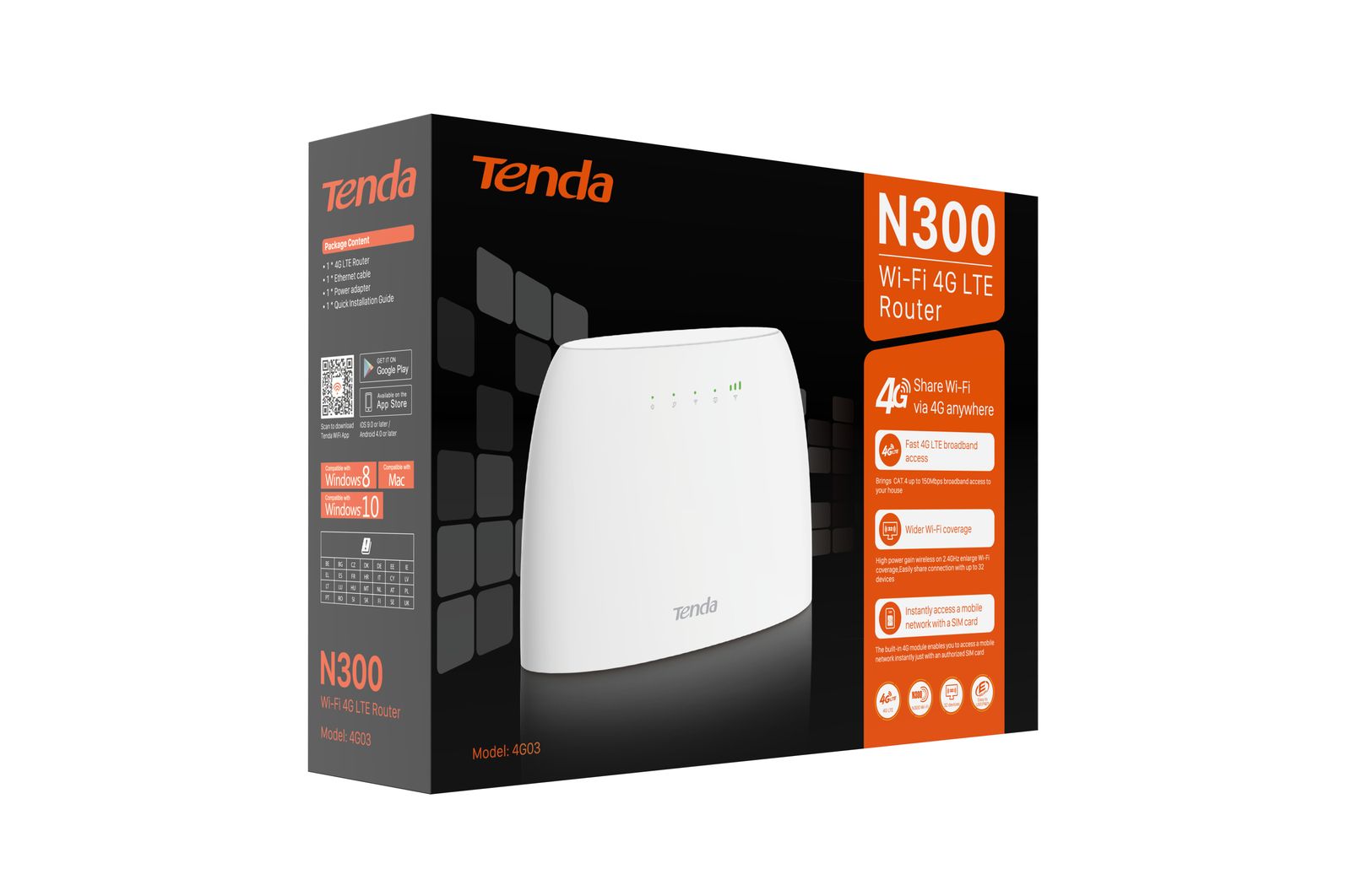 Tenda N300 WLAN-Router Schnelles Ethernet Einzelband 2,4GHz 4G