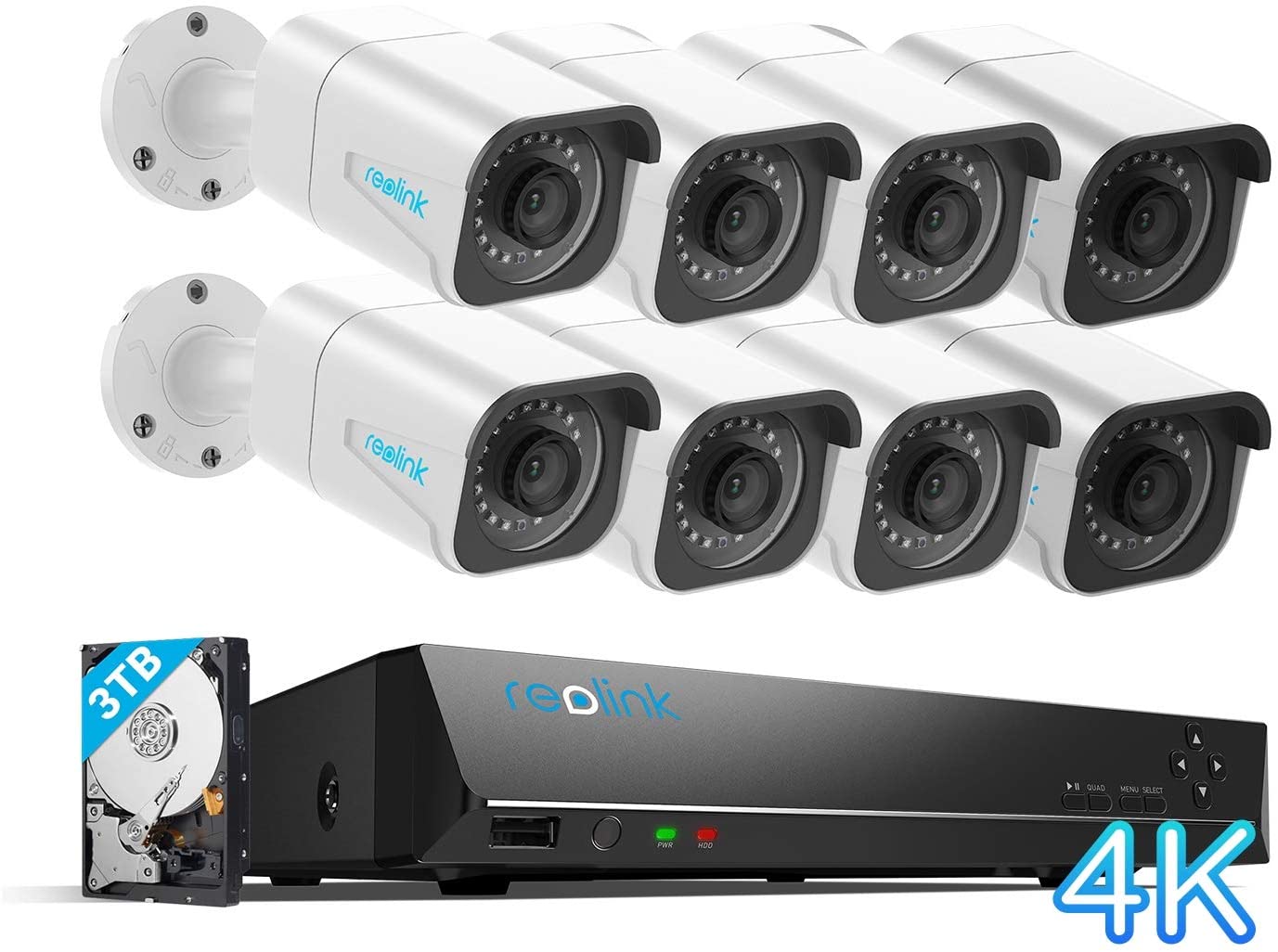 Reolink 4K 16CH PoE Security CCTV Camera Systems H.265, 8pcs 8MP Ultra HD PoE IP Outdoor Cameras, 16-Channel NVR 8MP with 3TB HD